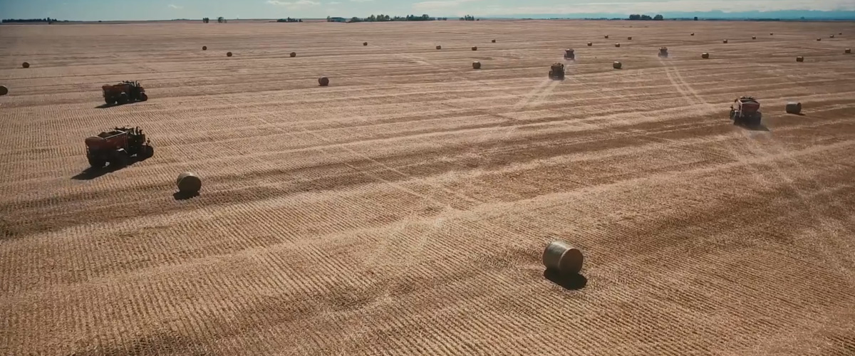 Aerial view of large equipment in harvested field